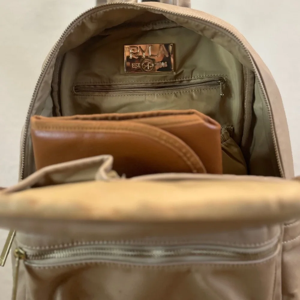 RYLA Baby‎ Bag Taupe Faux Leather Gold Zipper Front Pocket Mini